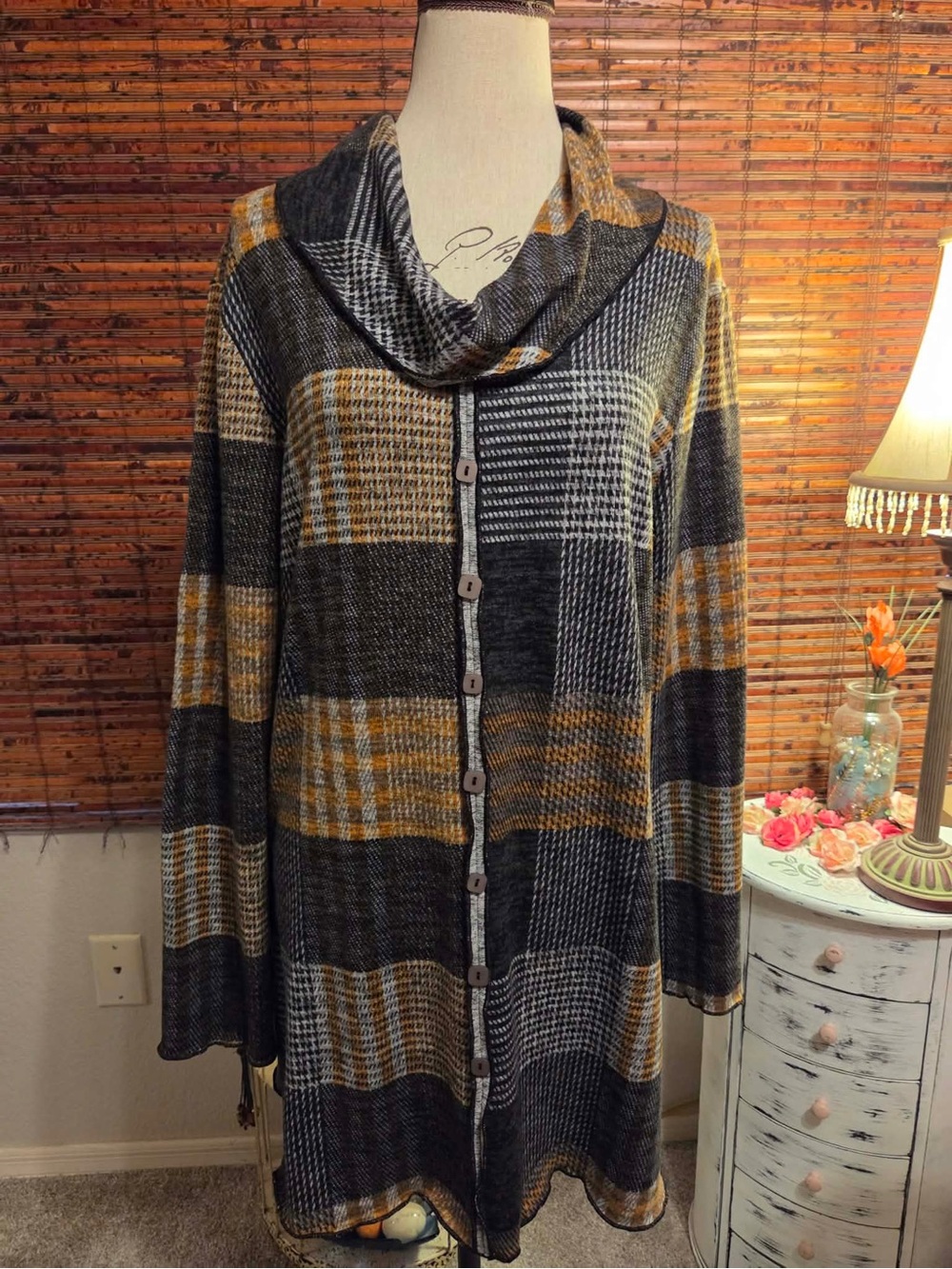 Plaid Button-Front Cowl Cardigan - Mustard & Charcoal